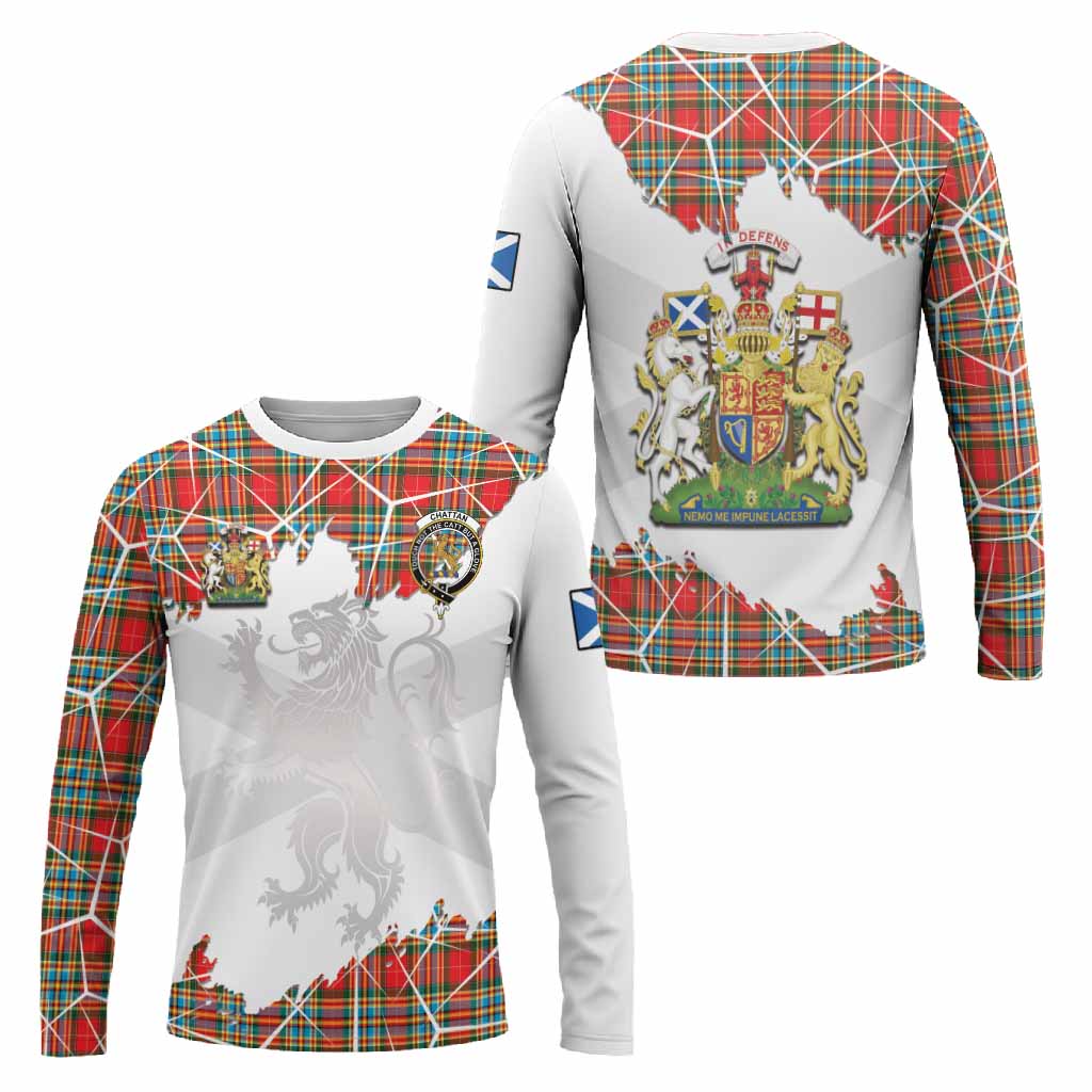 Chattan Tartan Long Sleeve T-Shirt with Family Crest and Lion Rampant Grunge Style