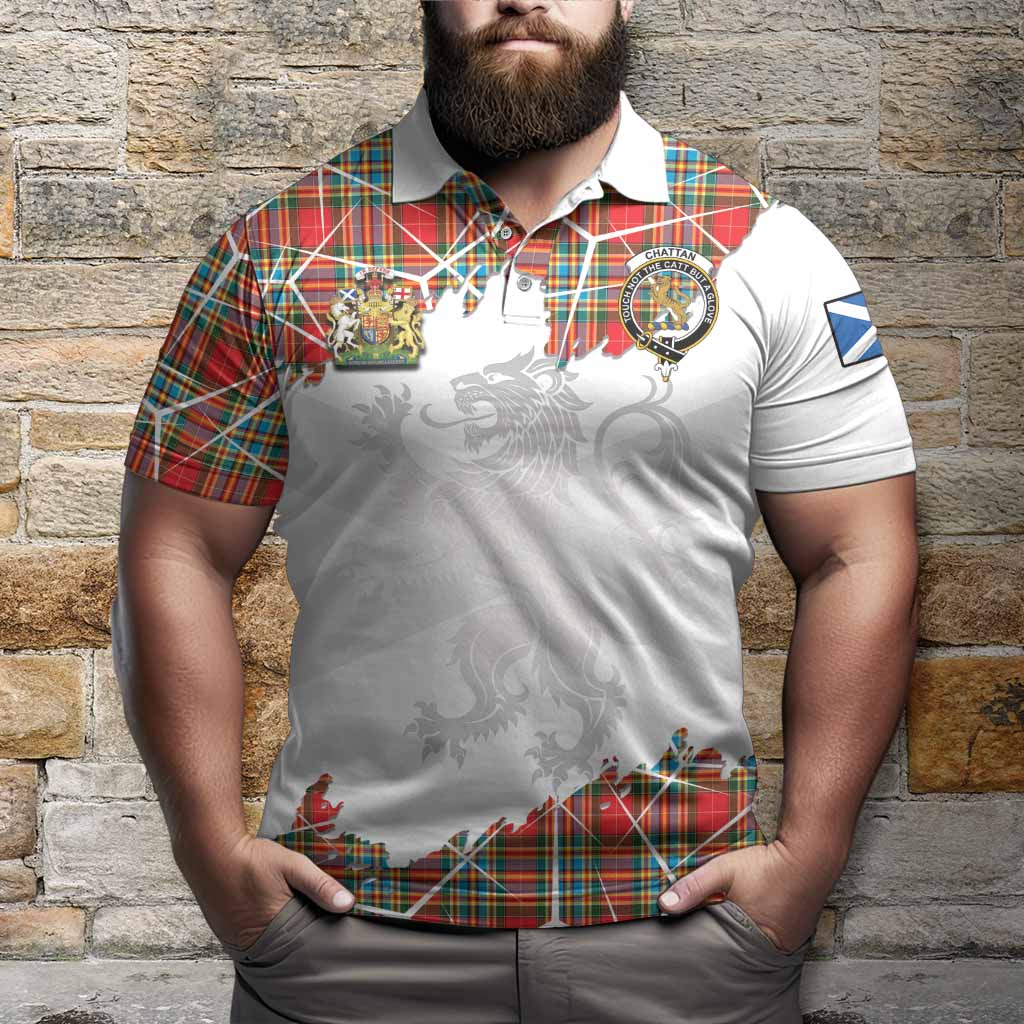Chattan Tartan Polo Shirt with Family Crest and Lion Rampant Grunge Style