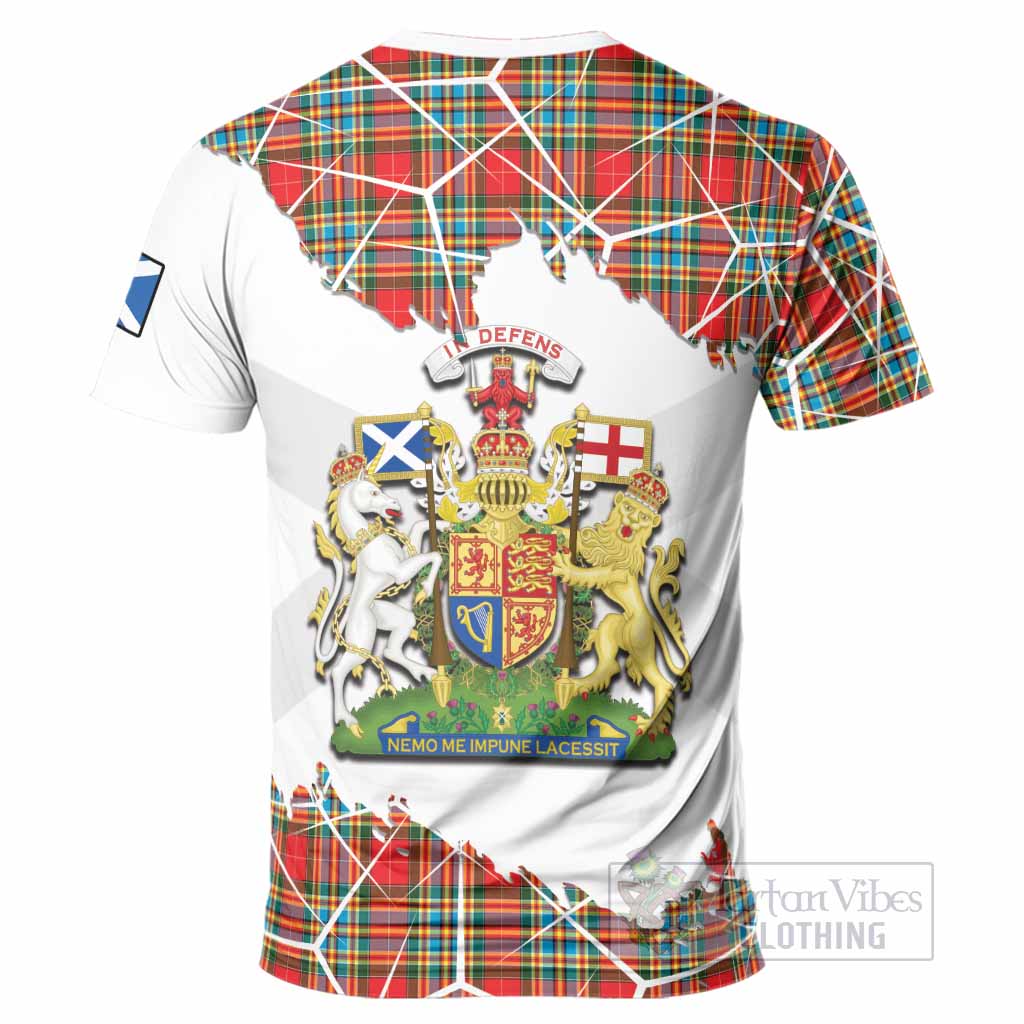 Chattan Tartan T-Shirt with Family Crest and Lion Rampant Grunge Style
