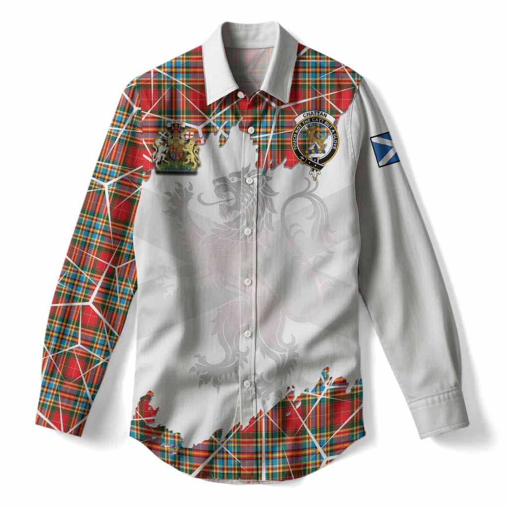 Chattan Tartan Women Casual Shirt with Family Crest and Lion Rampant Grunge Style