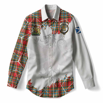 Chattan Tartan Women Casual Shirt with Family Crest and Lion Rampant Grunge Style