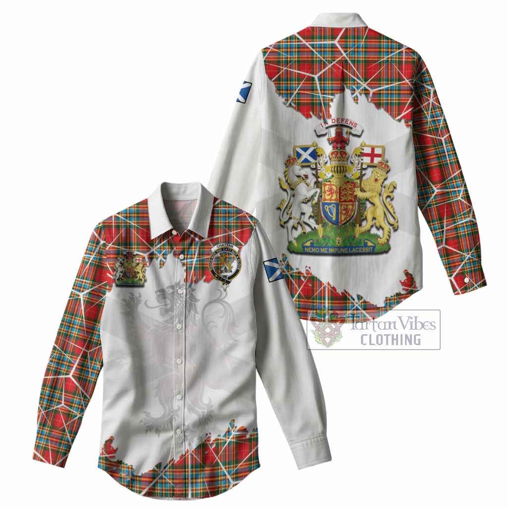 Chattan Tartan Women Casual Shirt with Family Crest and Lion Rampant Grunge Style