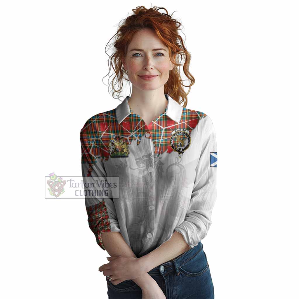 Chattan Tartan Women Casual Shirt with Family Crest and Lion Rampant Grunge Style