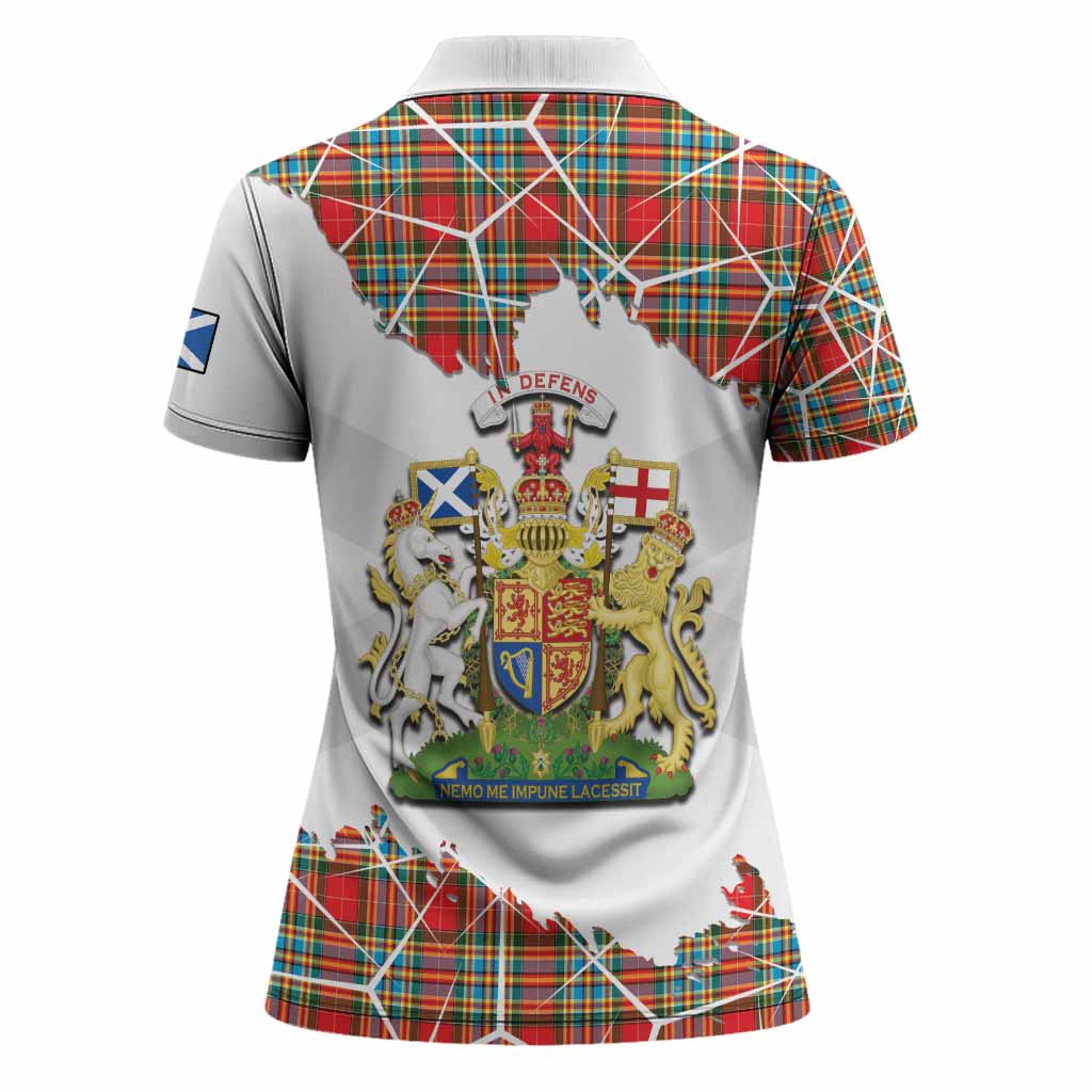 Chattan Tartan Women Polo Shirt with Family Crest and Lion Rampant Grunge Style