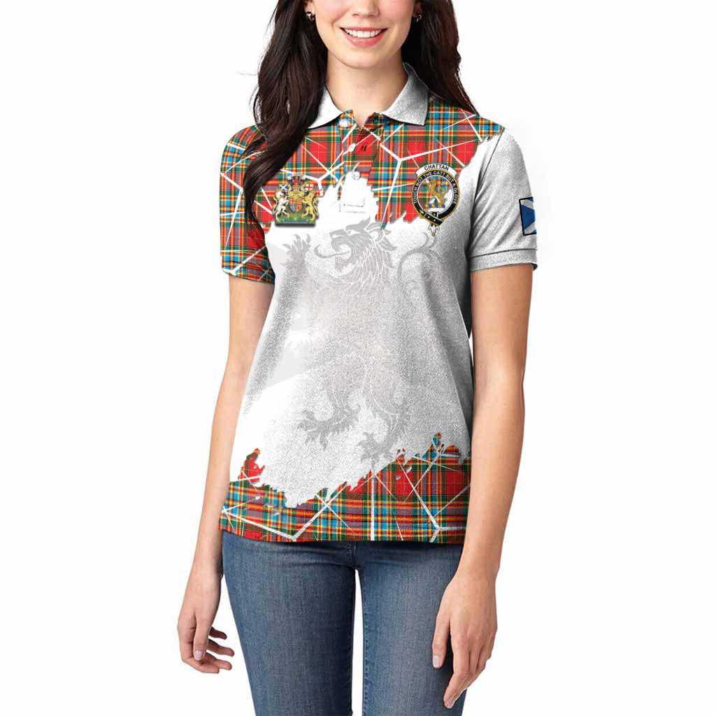 Chattan Tartan Women Polo Shirt with Family Crest and Lion Rampant Grunge Style