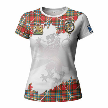 Chattan Tartan Women T shirt with Family Crest and Lion Rampant Grunge Style