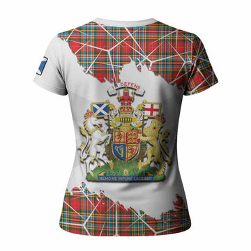 Chattan Tartan Women T shirt with Family Crest and Lion Rampant Grunge Style