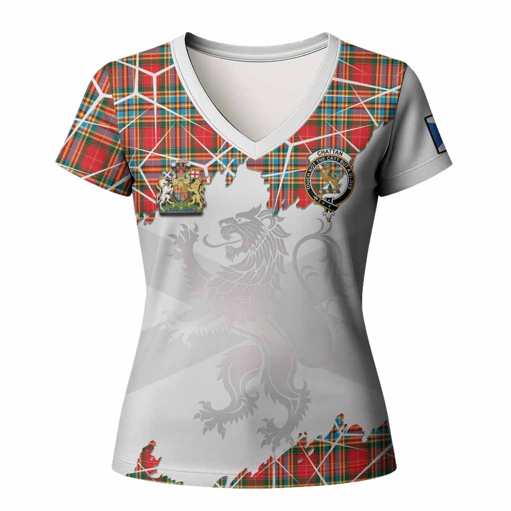 Chattan Tartan Women T shirt with Family Crest and Lion Rampant Grunge Style