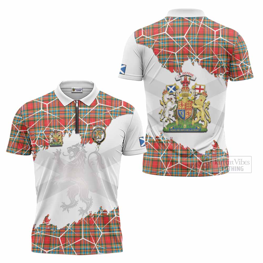 Chattan Tartan Zipper Polo Shirt with Family Crest and Lion Rampant Grunge Style