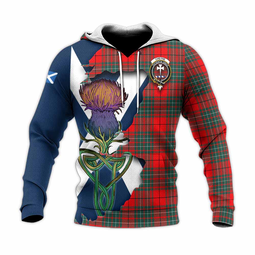 Tartan Vibes Clothing Cheyne Tartan Family Crest Knitted Hoodie Scottish Thistle Celtic Inspired