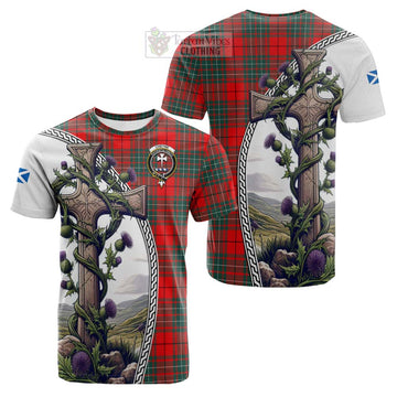 Cheyne Tartan Cotton T-shirt with Family Crest and St. Andrew's Cross Accented by Thistle Vines Kid's Shirt - Tartan Vibes Clothing