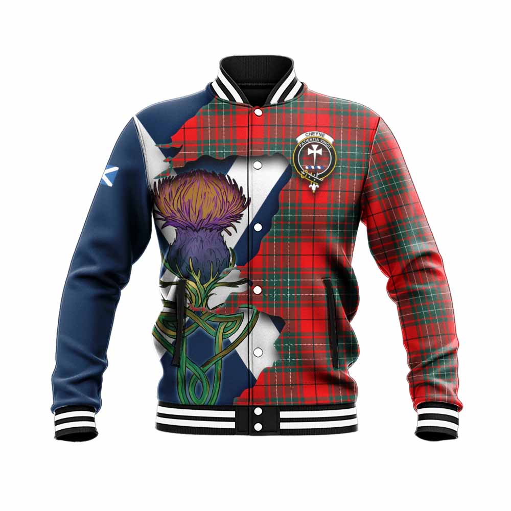 Tartan Vibes Clothing Cheyne Tartan Family Crest Baseball Jacket Scottish Thistle Celtic Inspired