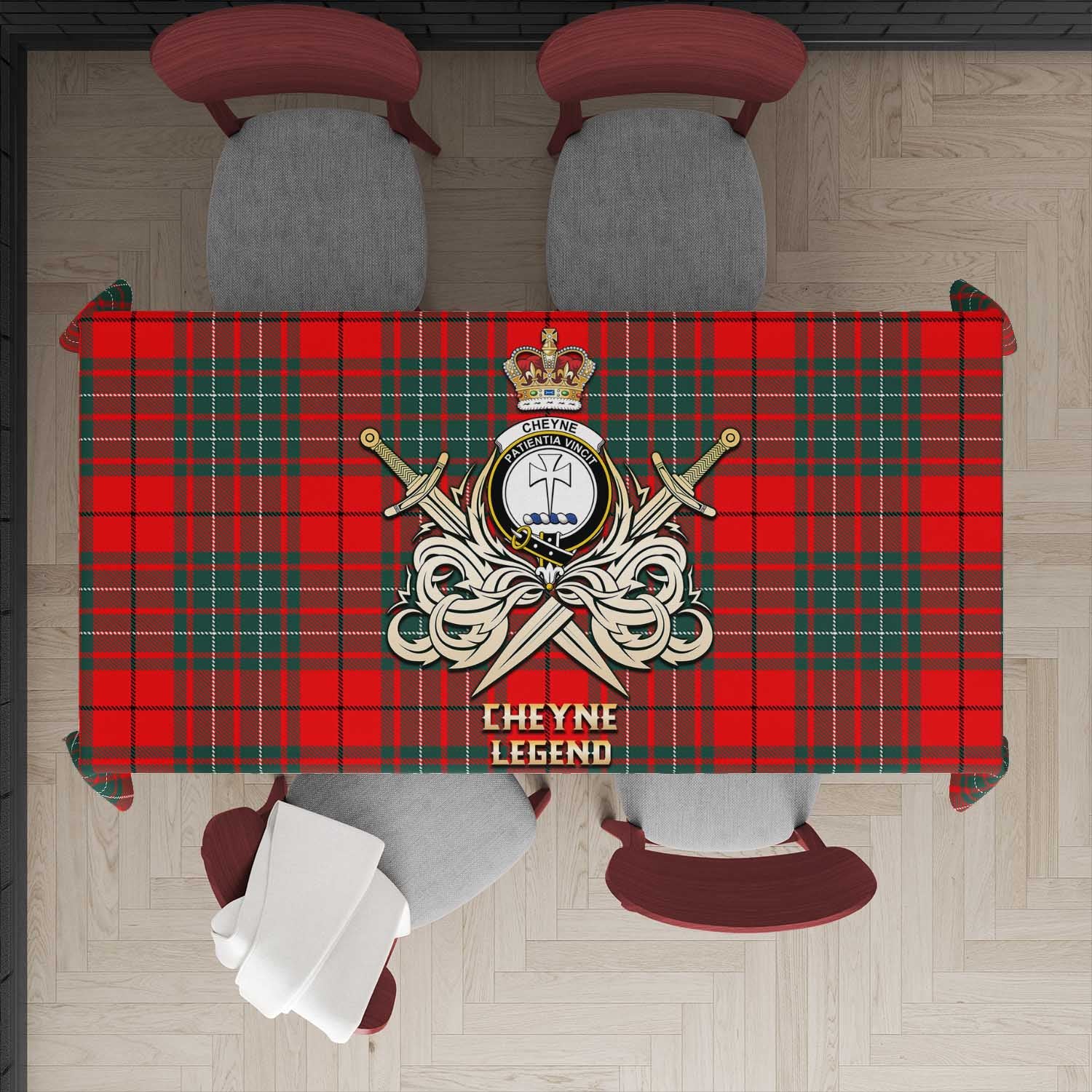 Cheyne Tartan Tablecloth with Clan Crest and the Golden Sword of Courageous Legacy - Tartan Vibes Clothing