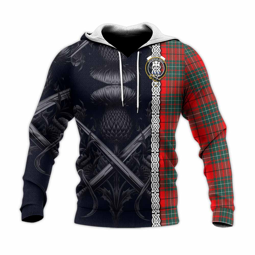 Cheyne Tartan Knitted Hoodie with Family Crest Cross Sword Thistle Celtic Vibes Unisex Knitted Pullover Hoodie - Tartan Vibes Clothing