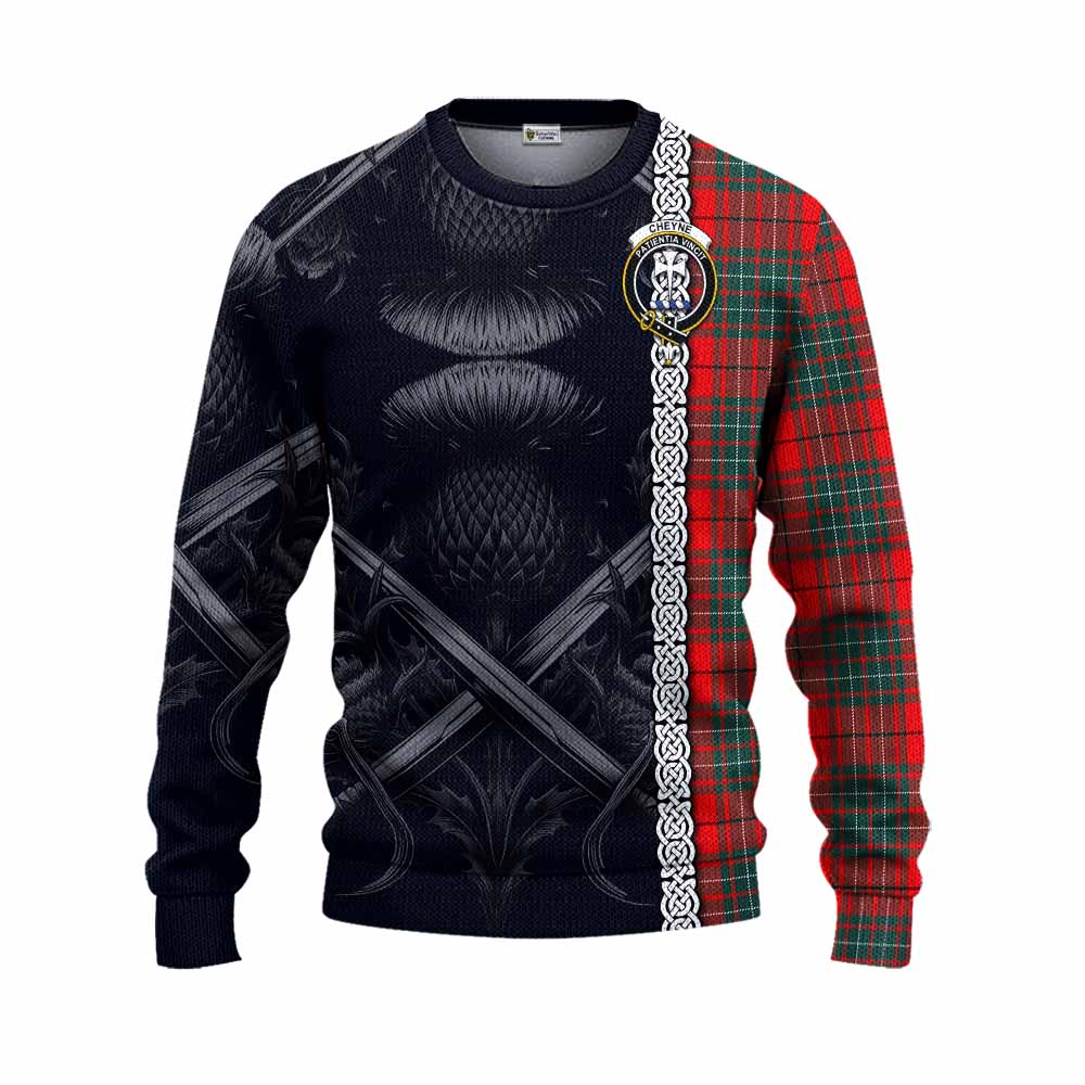 Cheyne Tartan Knitted Sweater with Family Crest Cross Sword Thistle Celtic Vibes Unisex - Tartan Vibes Clothing