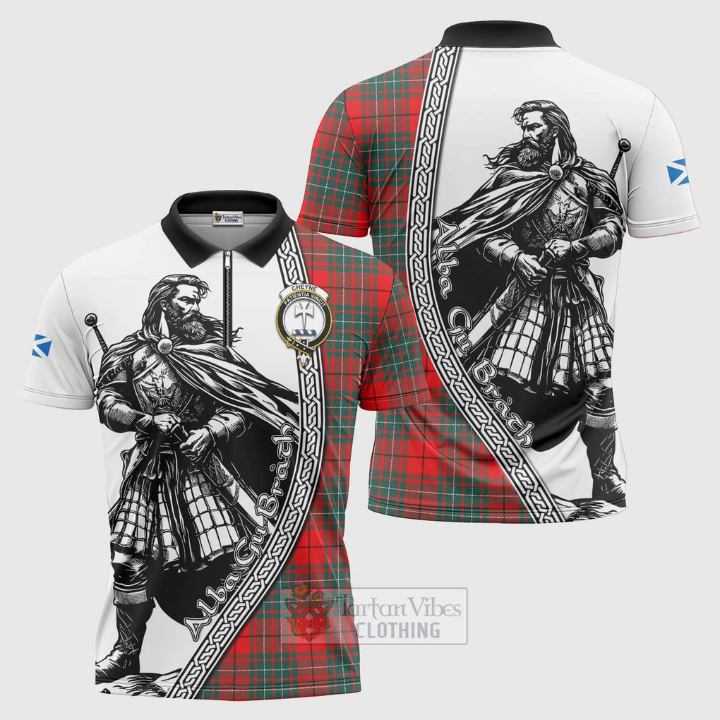 Cheyne Tartan Clan Crest Zipper Polo Shirt with Highlander Warrior Celtic Style Unisex - Tartan Vibes Clothing
