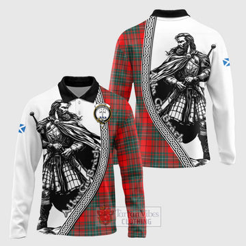 Cheyne Tartan Clan Crest Long Sleeve Polo Shirt with Highlander Warrior Celtic Style Unisex - Tartan Vibes Clothing