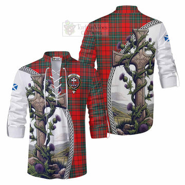 Cheyne Tartan Ghillie Kilt Shirt with Family Crest and St. Andrew's Cross Accented by Thistle Vines Men - Tartan Vibes Clothing