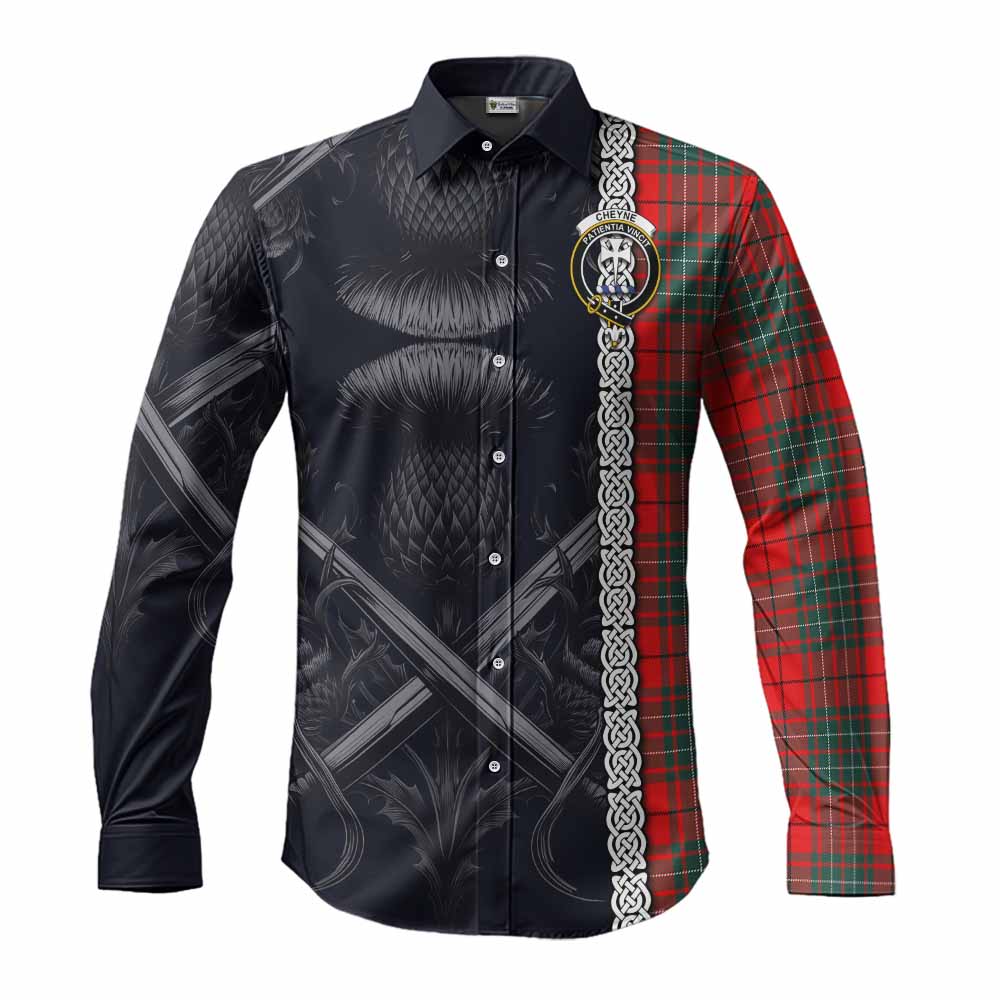 Cheyne Tartan Long Sleeve Button Shirt with Family Crest Cross Sword Thistle Celtic Vibes Men's Shirt S - Tartan Vibes Clothing