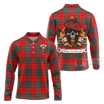 Cheyne Tartan Long Sleeve Polo Shirt with Family Crest and Bearded Skull Holding Bottles of Whiskey Unisex - Tartan Vibes Clothing