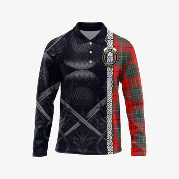 Cheyne Tartan Long Sleeve Polo Shirt with Family Crest Cross Sword Thistle Celtic Vibes Unisex - Tartan Vibes Clothing