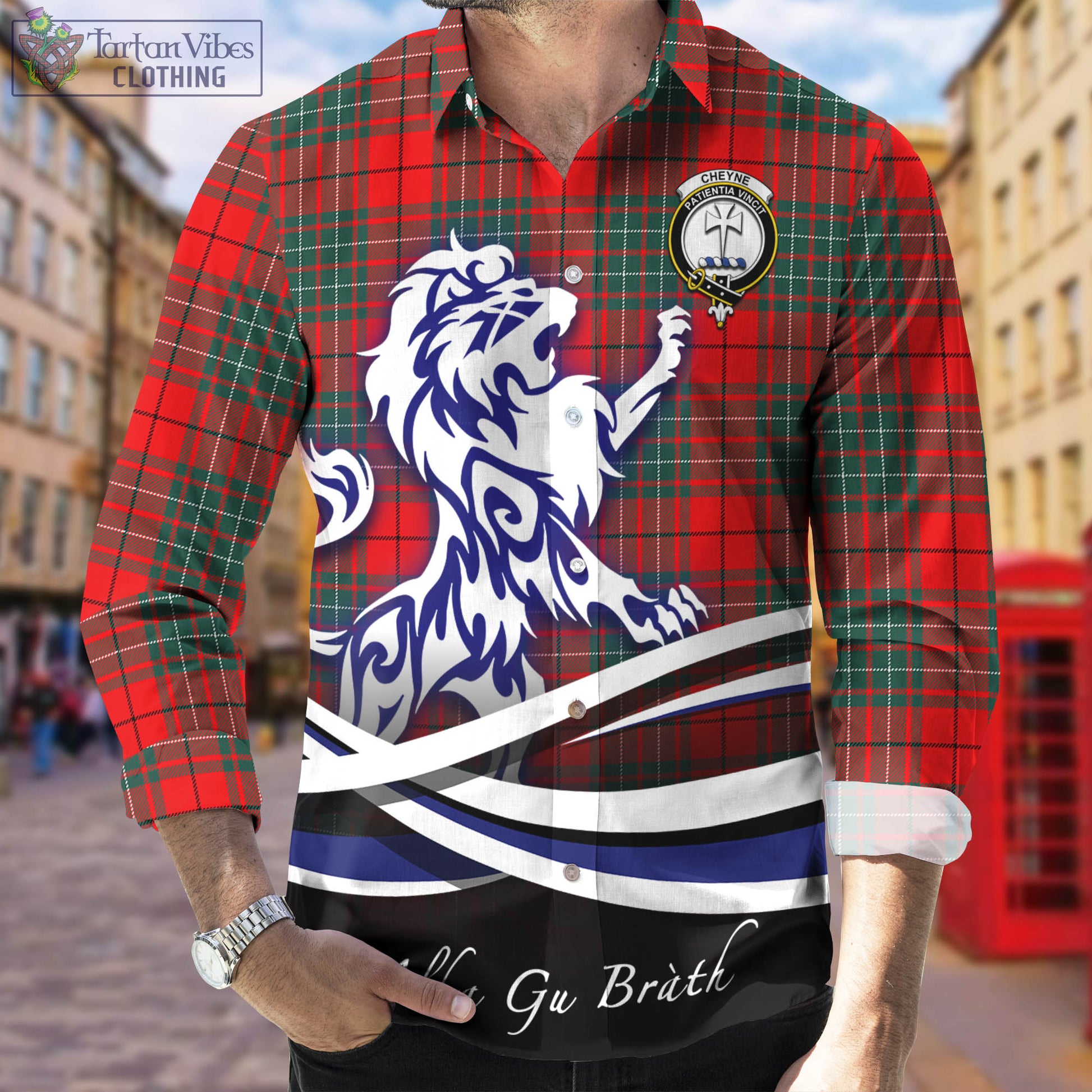 Cheyne Tartan Long Sleeve Button Up Shirt with Alba Gu Brath Regal Lion Emblem Men's Shirt - Tartan Vibes Clothing