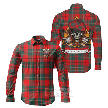 Cheyne Tartan Long Sleeve Button Shirt with Family Crest and Bearded Skull Holding Bottles of Whiskey Men's Shirt S - Tartan Vibes Clothing