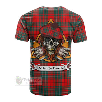 Cheyne Tartan Cotton T-shirt with Family Crest and Bearded Skull Holding Bottles of Whiskey - Tartan Vibes Clothing