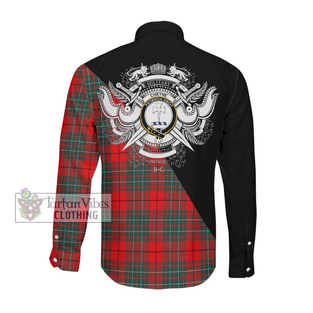 Cheyne Tartan Long Sleeve Button Shirt with Family Crest and Military Logo Style Men's Shirt - Tartanvibesclothing Shop