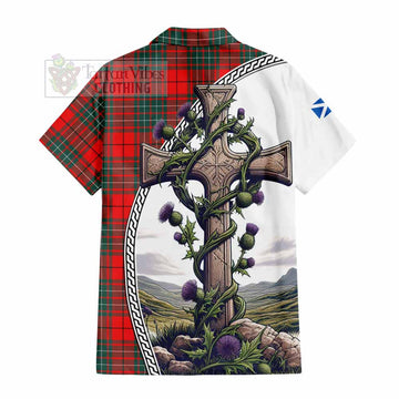 Cheyne Tartan Hawaiian Shirt with Family Crest and St. Andrew's Cross Accented by Thistle Vines - Tartan Vibes Clothing