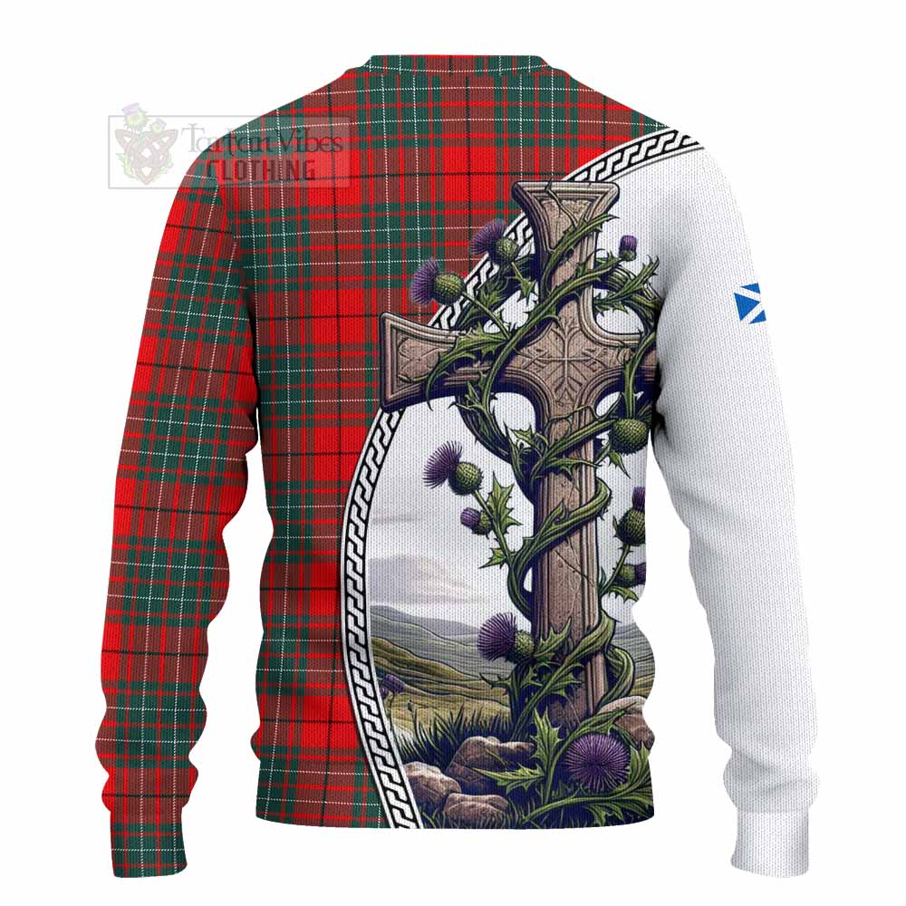 Cheyne Tartan Knitted Sweater with Family Crest and St. Andrew's Cross Accented by Thistle Vines - Tartan Vibes Clothing