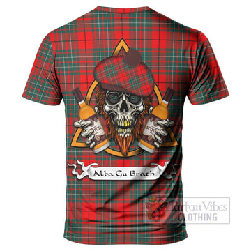 Cheyne Tartan T-Shirt with Family Crest and Bearded Skull Holding Bottles of Whiskey - Tartan Vibes Clothing
