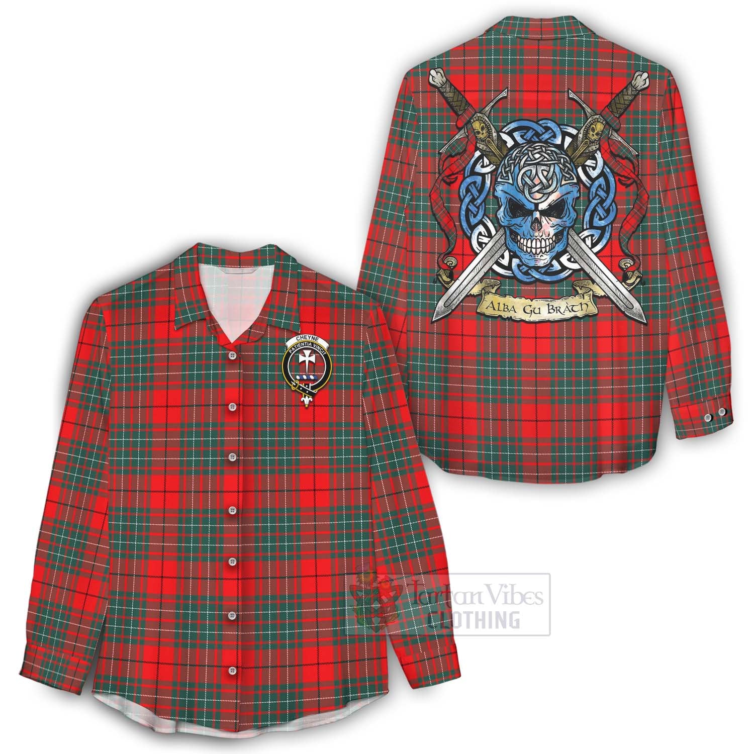 Cheyne Tartan Women's Casual Shirt with Family Crest Celtic Skull Style - Tartan Vibes Clothing