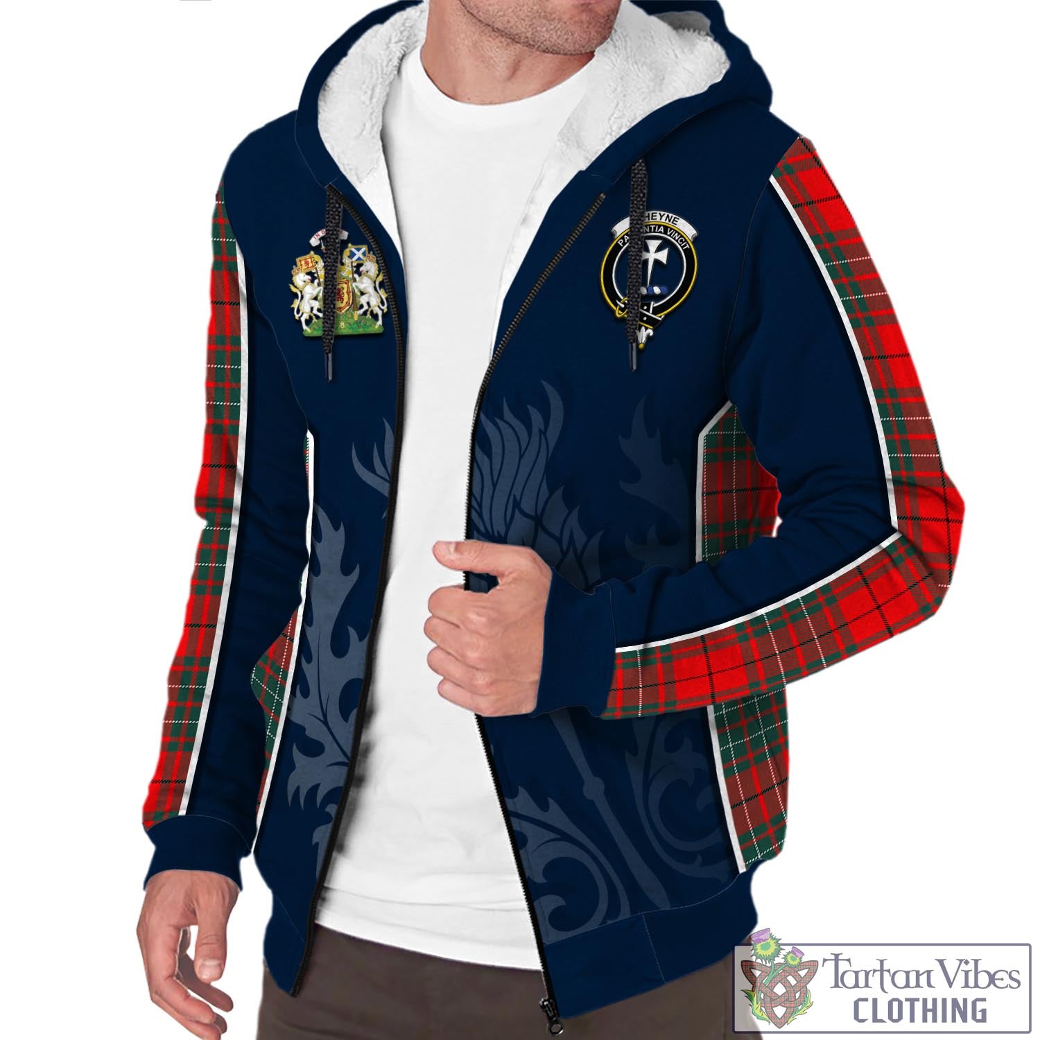 Tartan Vibes Clothing Cheyne Tartan Sherpa Hoodie with Family Crest and Scottish Thistle Vibes Sport Style