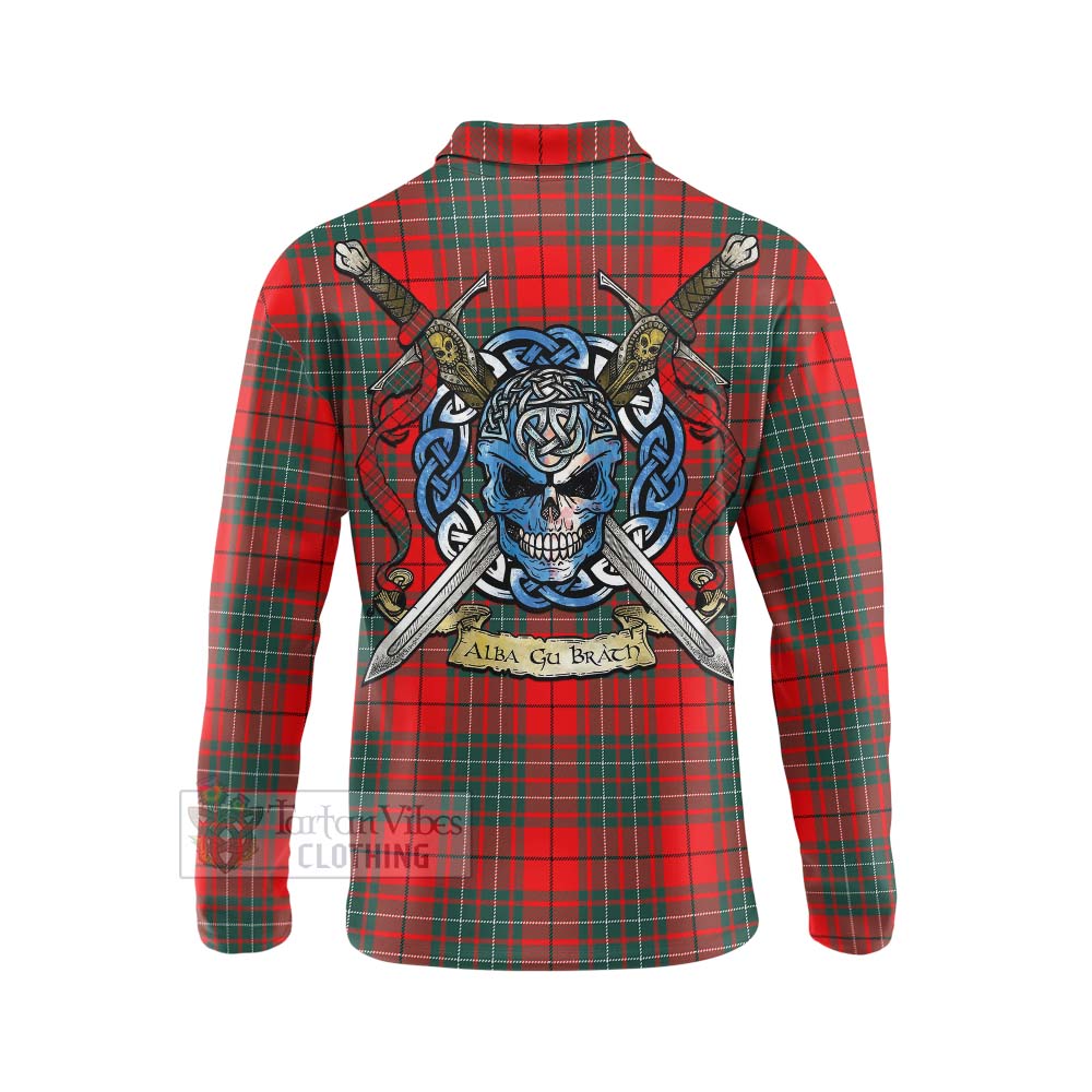 Cheyne Tartan Long Sleeve Polo Shirt with Family Crest Celtic Skull Style - Tartan Vibes Clothing