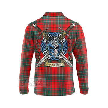 Cheyne Tartan Long Sleeve Polo Shirt with Family Crest Celtic Skull Style - Tartan Vibes Clothing
