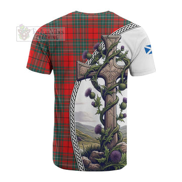 Cheyne Tartan Cotton T-shirt with Family Crest and St. Andrew's Cross Accented by Thistle Vines - Tartan Vibes Clothing