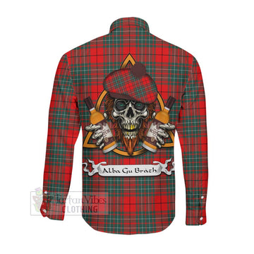 Cheyne Tartan Long Sleeve Button Shirt with Family Crest and Bearded Skull Holding Bottles of Whiskey Men's Shirt - Tartan Vibes Clothing