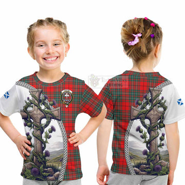 Cheyne Tartan Kid T-Shirt with Family Crest and St. Andrew's Cross Accented by Thistle Vines - Tartan Vibes Clothing
