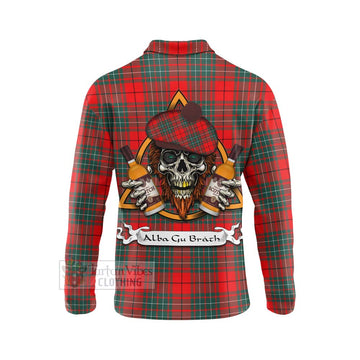 Cheyne Tartan Long Sleeve Polo Shirt with Family Crest and Bearded Skull Holding Bottles of Whiskey - Tartan Vibes Clothing