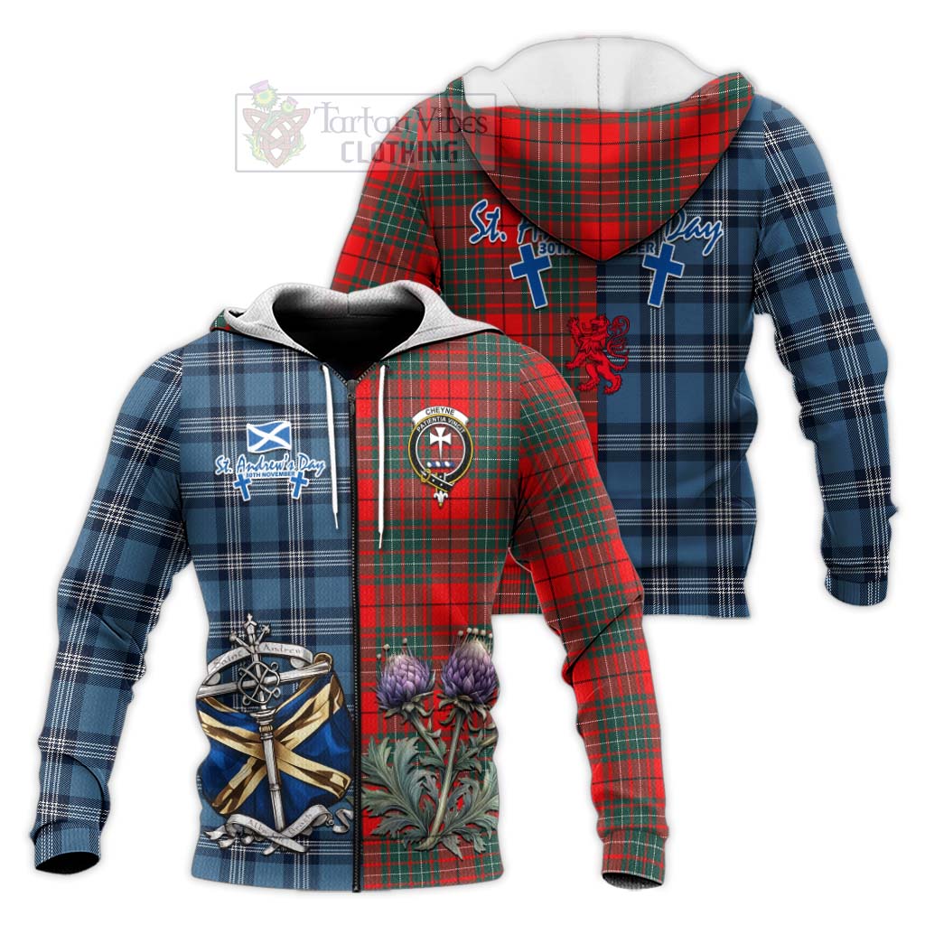 Cheyne Tartan Knitted Hoodie Happy St. Andrew's Day Half Tartan Style Unisex Knitted Zip Hoodie - Tartan Vibes Clothing