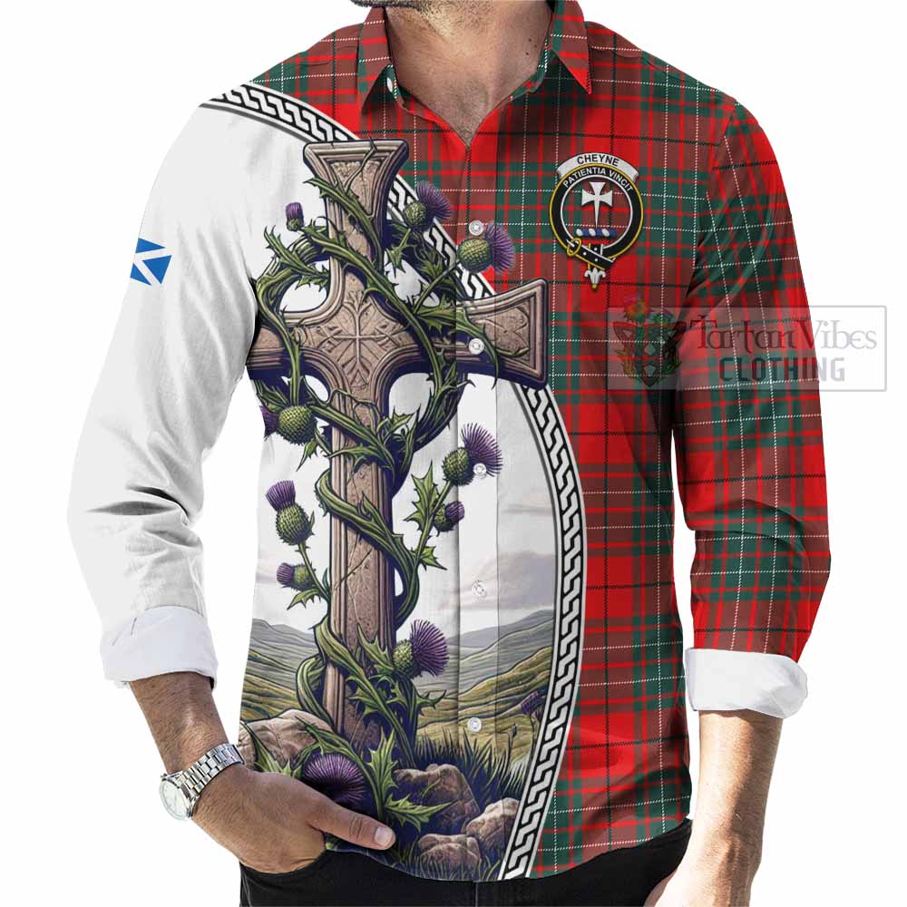 Cheyne Tartan Long Sleeve Button Shirt with Family Crest and St. Andrew's Cross Accented by Thistle Vines - Tartan Vibes Clothing