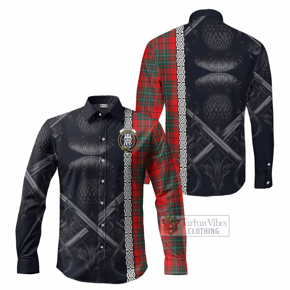 Cheyne Tartan Long Sleeve Button Shirt with Family Crest Cross Sword Thistle Celtic Vibes - Tartan Vibes Clothing