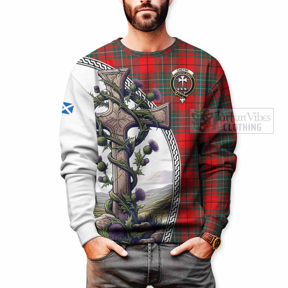 Cheyne Tartan Sweatshirt with Family Crest and St. Andrew's Cross Accented by Thistle Vines - Tartan Vibes Clothing