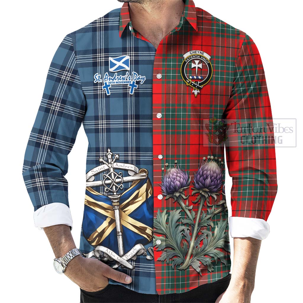 Cheyne Tartan Long Sleeve Button Shirt Happy St. Andrew's Day Half Tartan Style - Tartan Vibes Clothing
