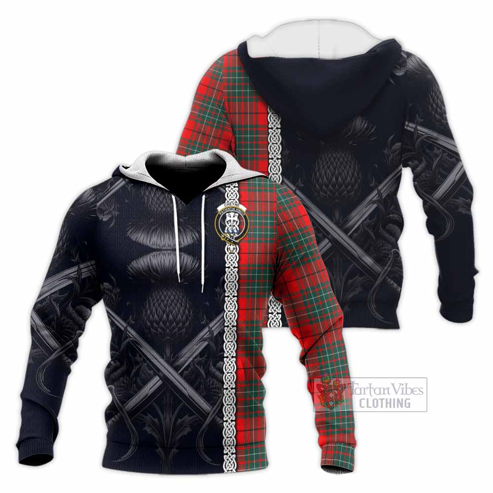 Cheyne Tartan Knitted Hoodie with Family Crest Cross Sword Thistle Celtic Vibes - Tartan Vibes Clothing