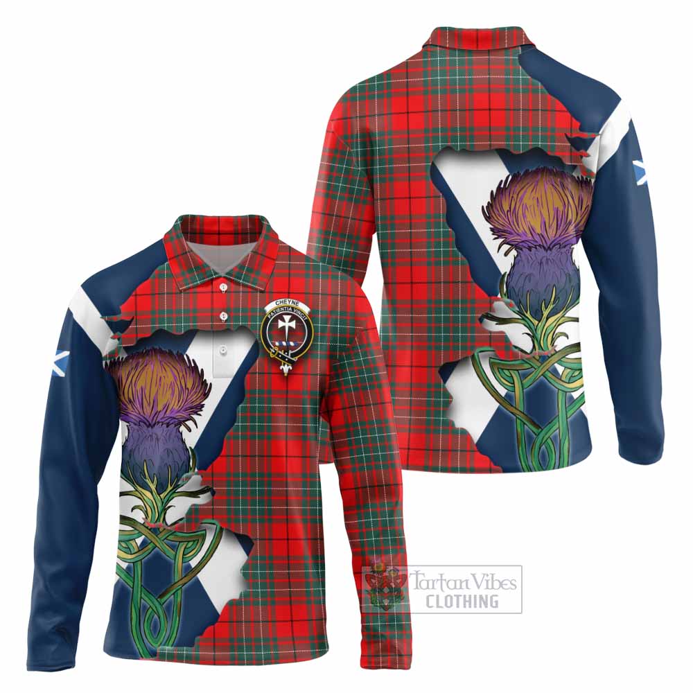 Tartan Vibes Clothing Cheyne Tartan Family Crest Long Sleeve Polo Shirt Scottish Thistle Celtic Inspired