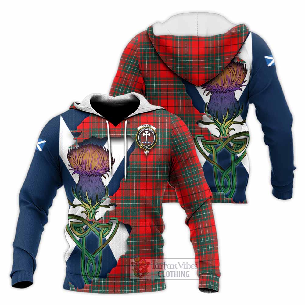 Tartan Vibes Clothing Cheyne Tartan Family Crest Knitted Hoodie Scottish Thistle Celtic Inspired
