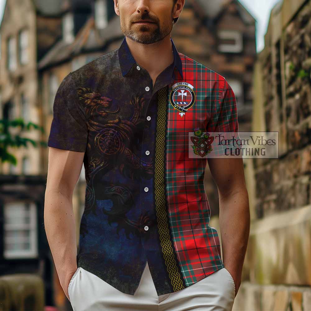 Tartan Vibes Clothing Cheyne Tartan Family Crest Short Sleeve Button Shirt Alba Gu Brath Be Brave Lion Ancient Style