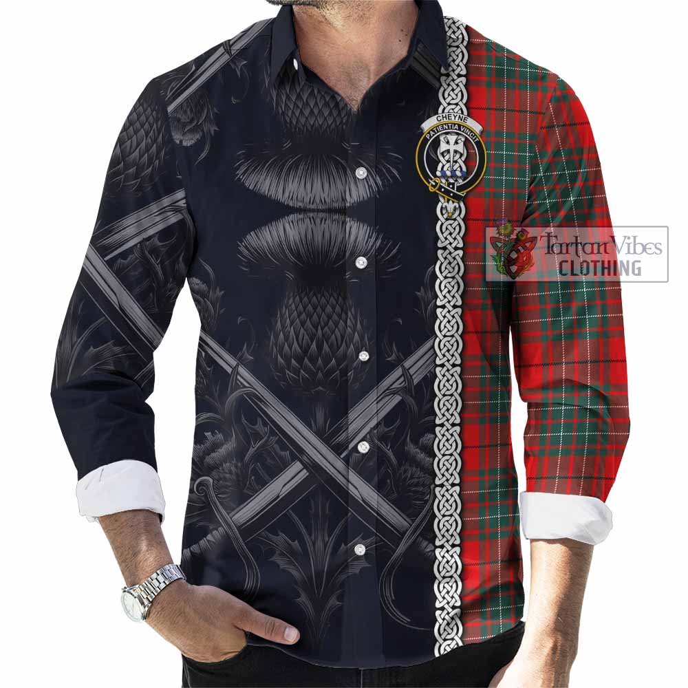 Cheyne Tartan Long Sleeve Button Shirt with Family Crest Cross Sword Thistle Celtic Vibes - Tartan Vibes Clothing